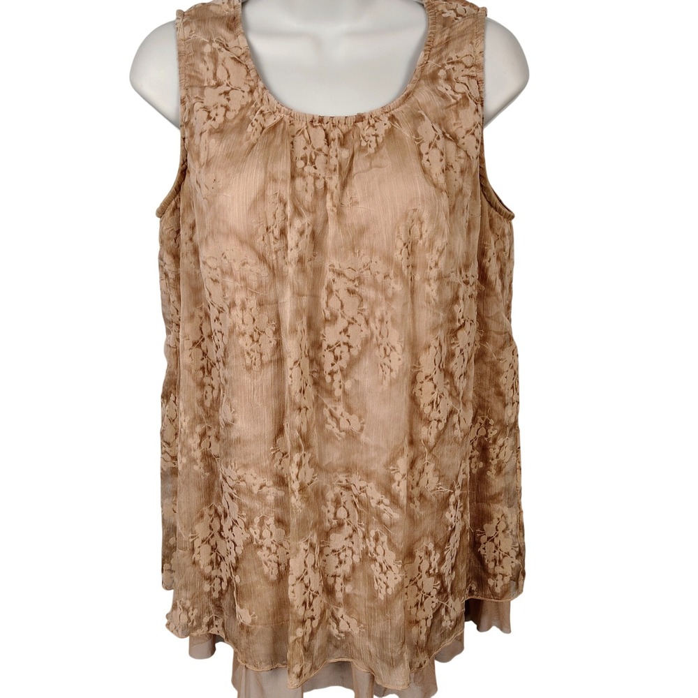 Calstyle Tan Floral Burnout Layered Sleeveless‎ Shell Top Mesh Trim Med whimsy
